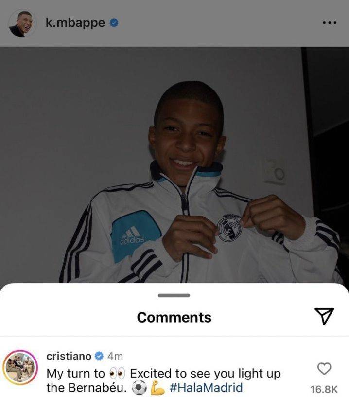 420万个赞！克里斯蒂亚诺·罗纳尔多（Cristiano Ronaldo）祝贺姆巴佩加盟皇马的帖子在社交网站上创下了点赞记录